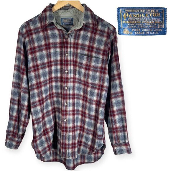 Pendleton Vintage 70s Wool Plaid Flannel Button Down Shirt Size Medium - Picture 1 of 10